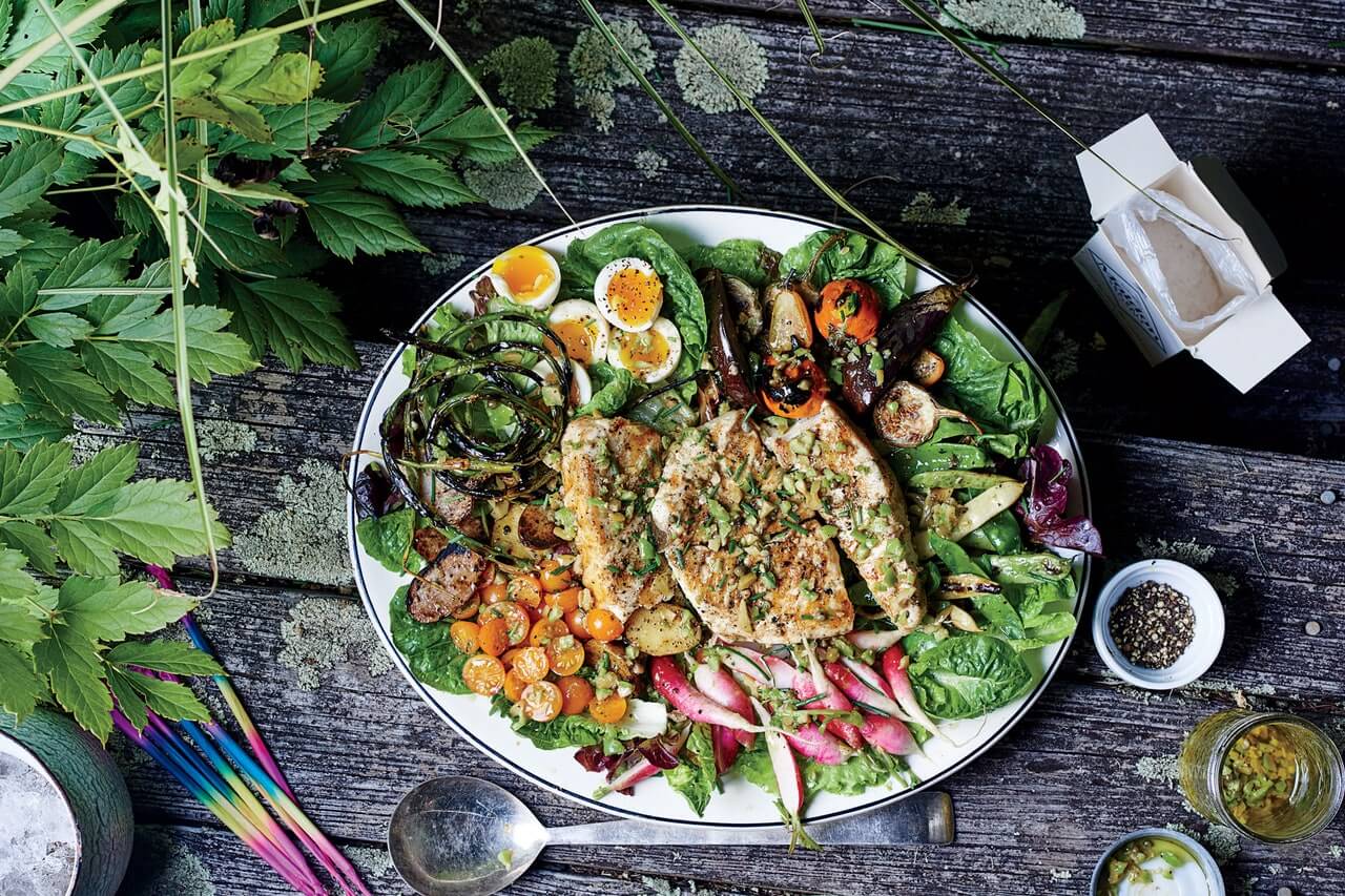 Plated Grilled Halibut Niçoise With Market Vegetables