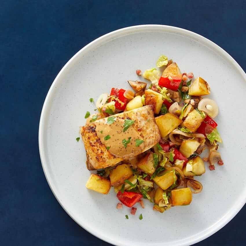 Seared Yellowtail & Creamy Dijon Sauce with Pancetta, Potatoes & Brussels Sprouts