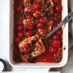 This simple, healthy Baked Mahi Mahi Recipe is loaded with Mediterranean flavor. Tomatoes, olives and capers create a rustic sauce for this mild-flavored fish, making it perfect to serve over pasta or rice. Take this easy dinner from oven to table in less than 40 minutes!