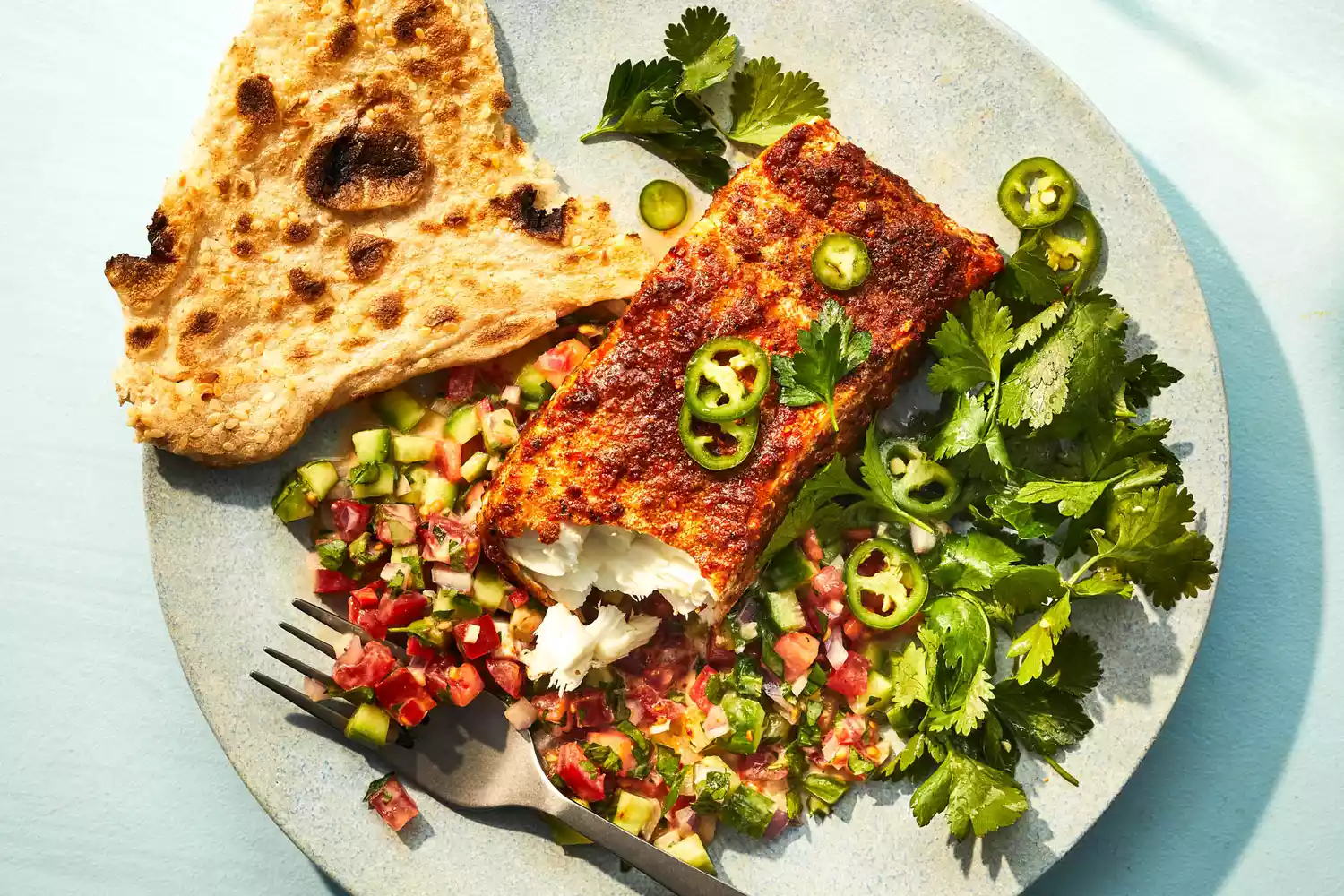 Spice Roasted Halibut with Herbs and Tahini Salad